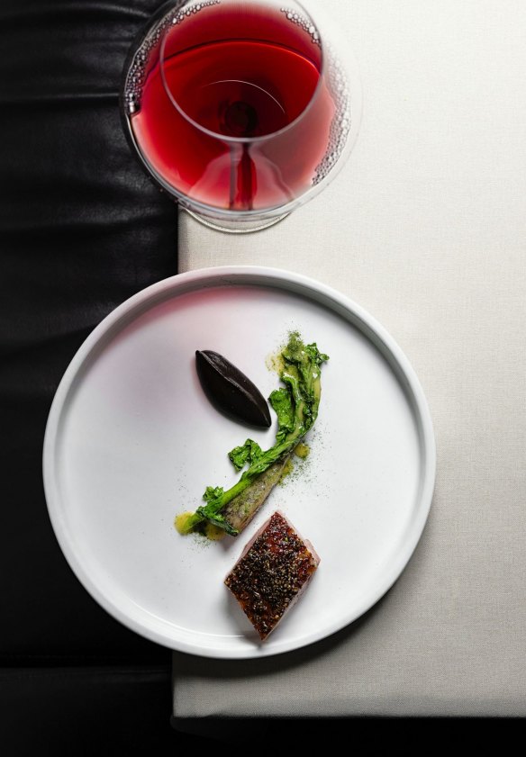 Dry-aged duck breast with parsnip, rapa and gooseberry.