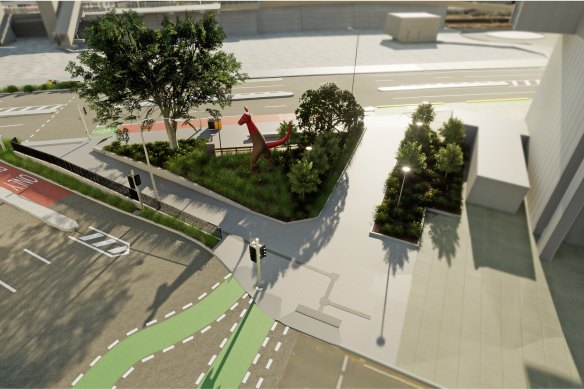 Brisbane’s ‘awkward island’ between Roma and George streets near the Transcontinental Hotel will be reduced in size and a new walkway built to new pedestrian crossing on Roma Street to improve access to the under-constuction, new Roma Street Station.