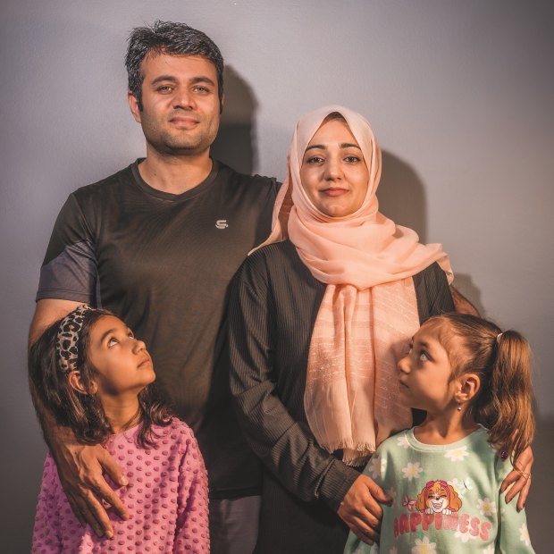 Nellab Hotaki Talash with her husband Malyar, an engineer, and daughters Mehla, left, and Marihan. Fleeing Afghanistan “was the only hope we had”, she says. Another 70 female judges have yet to escape, and remain in hiding.