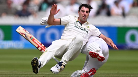 Car crash Test … Pat Cummins collides with Kyle Verreynne.