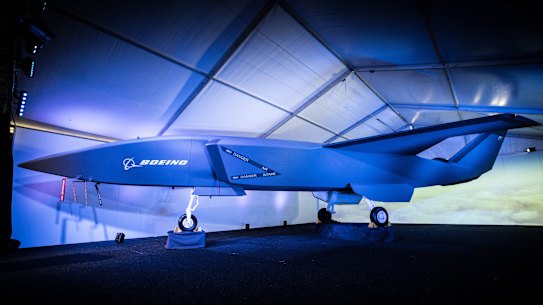 A model of the unmanned Boeing Airpower Teaming System which was unveiled at the Australian International Airshow, Avalon, Victoria on Wednesday.
