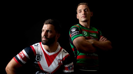 Roosters captain James Tedesco with Rabbitohs counterpart Cameron Murray.