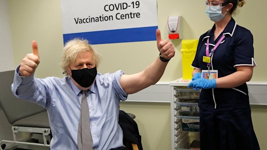 British Prime Minister Boris Johnson after receiving his first dose of AstraZeneca in March. 