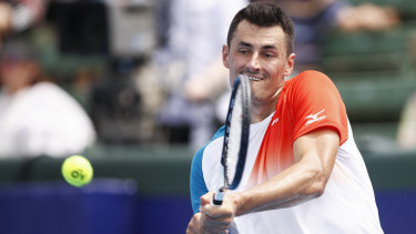Bernard Tomic in action at the Kooyong Open.