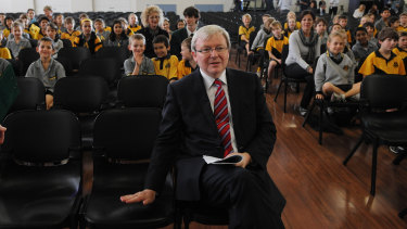 Kevin Rudd visits the assembly hall of Coorparoo State School in 2010, built as part of his government's school hall program.