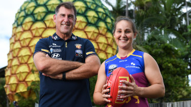 Coach Craig Starcevich and captain Breanna Koenen of the reiging AFLW premiers, the Brisbane Lions.