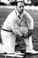 âRundownâ: Don Bradman padding up for his practice knock in Adelaide in 1946.