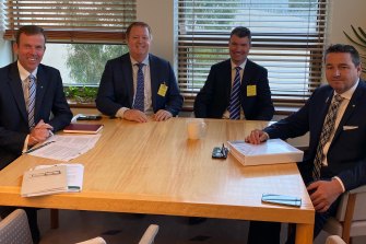 Travel agents are still on Canberra’s agenda, from left, Tourism Minister Dan Tehan, AFTA CEO Darren Rudd, AFTA Director David Smith, Cowper MP Pat Conaghan.