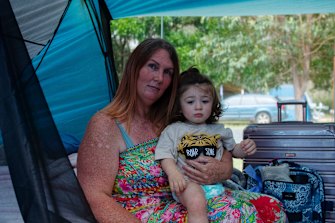 Karrina Kemp and her three children are living in a tent in Ballina while paying rent in Bundaberg, QLD, because they still donâ€™t have their border pass. 