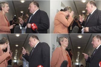 A series of photos showing Tanya Plibersek and Liberal MP Craig Kelly having a robust discussion as they cross paths in the corridor of the press gallery in Canberra.