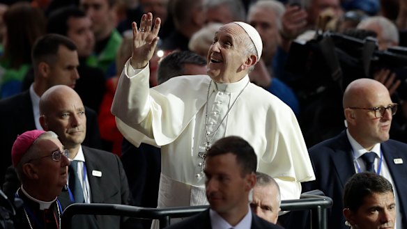 Pope Francis arrives at the Croke Park stadium for the Festival of Families, in Dublin, Ireland, on Saturday.
