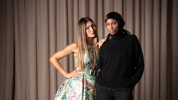 Models Silvan Philippoussis in Jason Grech dress and Hanan Ibrahim in Leophil outfit for the Melbourne Fashion Festival.