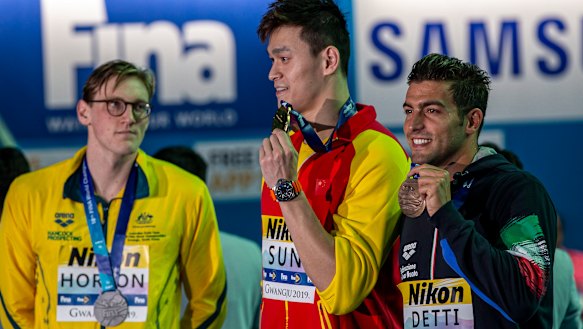 Mack Horton kept his distance from Sun Yang during the medal presentation at the Gwangju 2019 FINA World Championships,