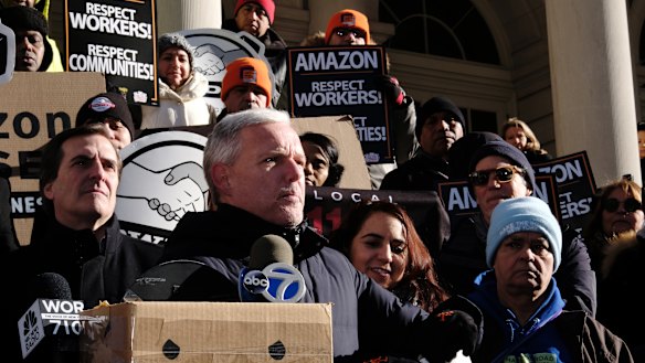 Protesters in New York rally against the arrival of a new Amazon headquarters in the city. 