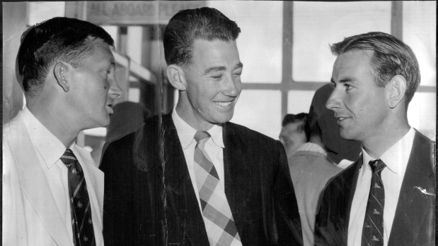 Australian captain Richie Benaud (left) with bowlers, Keith Slater (center) and Ian Meckiff (right), selected for the 3rd Test.