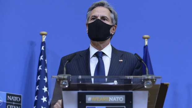US Secretary of State Antony Blinken speaks during a media conference at NATO headquarters in Brussels on Wednesday.