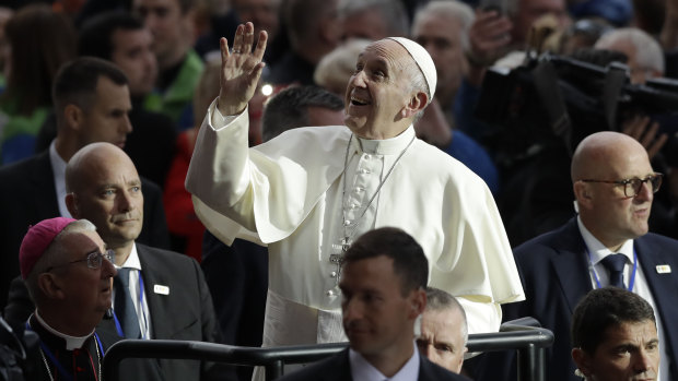 Pope Francis arrives at the Croke Park stadium for the Festival of Families, in Dublin, Ireland, on Saturday.