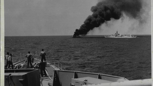 HMAS "Woomera" burns. October 13, 1960.