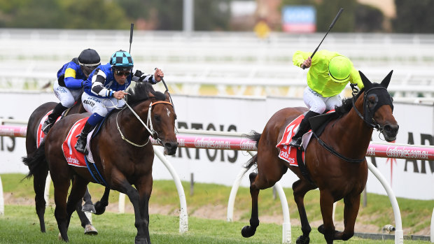 Boilover: Manuel, ridden by Luke Currie, races to victory in the CF Orr Stakes at Caulfield in February.