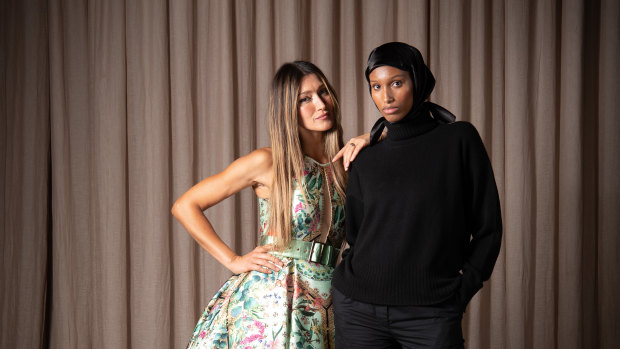 Models Silvan Philippoussis in Jason Grech dress and Hanan Ibrahim in Leophil outfit for the Melbourne Fashion Festival.