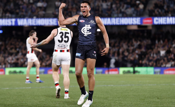 Carlton’s Ashton Moir celebrates his goal.