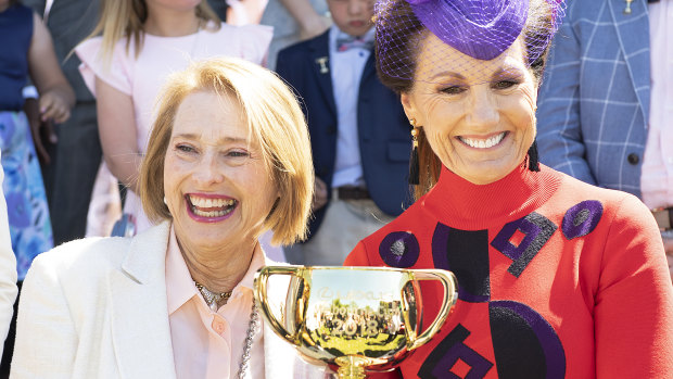 World game: Gai Waterhouse and Amanda Elliott at the Melbourne Cup carnival launch.