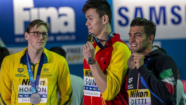 Mack Horton kept his distance from Sun Yang during the medal presentation at the Gwangju 2019 FINA World Championships,