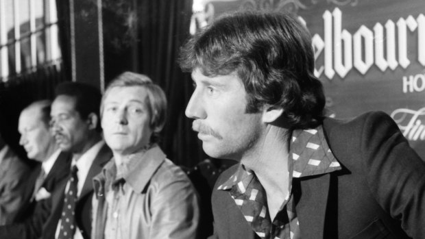 Ian Chappell, John Cornell, Sir Garfield Sobers and Kerry Packer at a press conference about the first season of World Series Cricket.