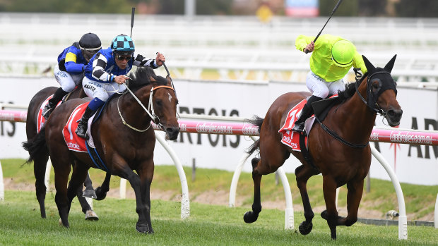 Manuel, ridden by Luke Currie, races to victory in the CF Orr Stakes at Caulfield.