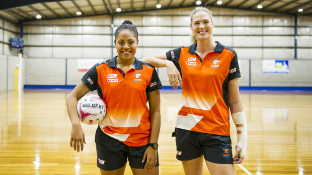 Caitlin Bassett (right) has returned in time for the start of the season with the Giants. 