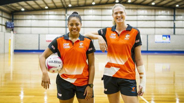 Giants Netball teammates Kristiana Manu'a and Caitlin Bassett in Canberra on Saturday. 
