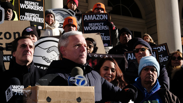 Protesters in New York rally against the arrival of a new Amazon headquarters in the city. 