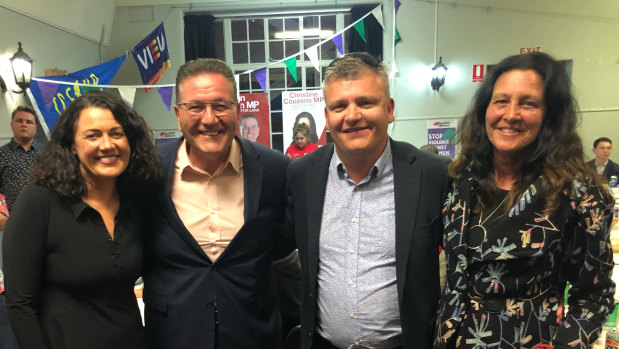 Federal Labor candidate Libby Coker (left), Lara MP John Eren, new Labor MP for South Barwon Darren Cheeseman, and Geelong Labor MP Christine Couzens on Saturday night. 