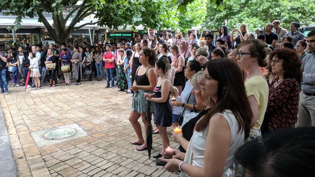 Hundreds of people gathered in tribute to La Trobe student Aiia Masaarwe in the Agora courtyard at the Bundoora campus on Friday.