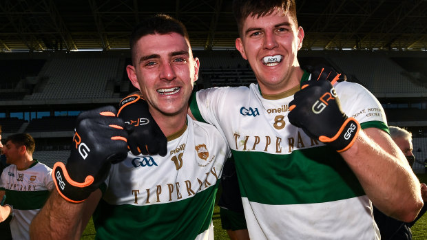 Colin O'Riordan and Steven O'Brien of Tipperary celebrate after their win in the GAA final over Cork.