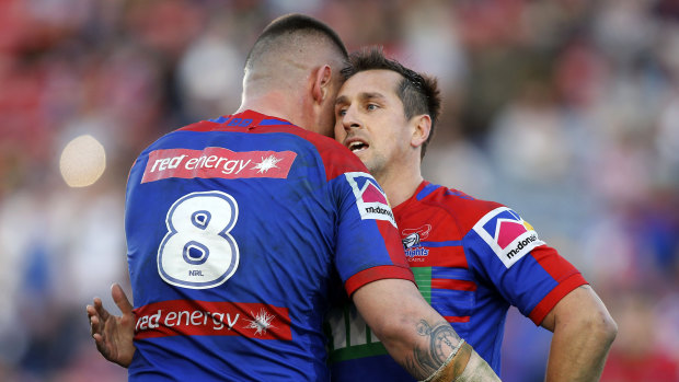 David Klemmer (left) and Mitchell Pearce after Newcastle's important win.