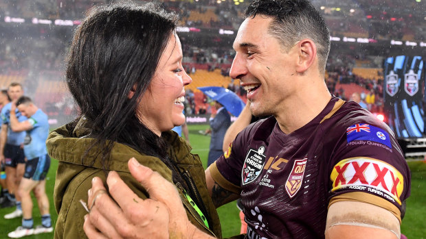 Fitting farewell: Billy Slater and his wife Nicole.