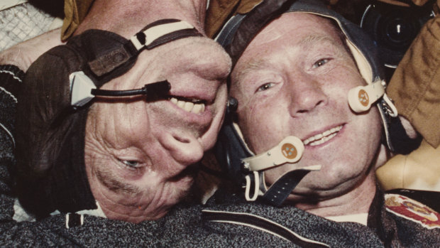 Alexei Leonov, right, in 1975 on the US-USSR Apollo-Soyuz Test Project pictured with US astronaut Donald Slayton.