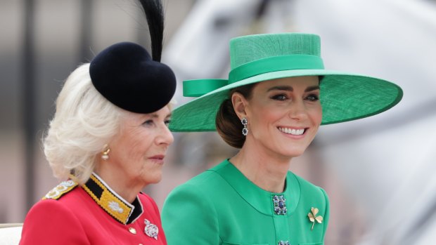 Queen Camilla and Catherine, Princess of Wales, are seen during Trooping the Colour in 2023.