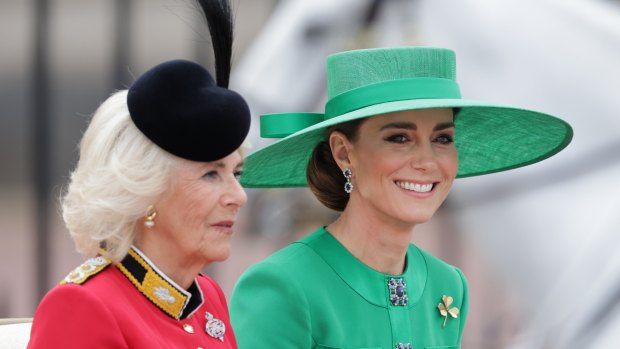 Queen Camilla and Catherine, Princess of Wales, seen during Trooping the Color in 2023.