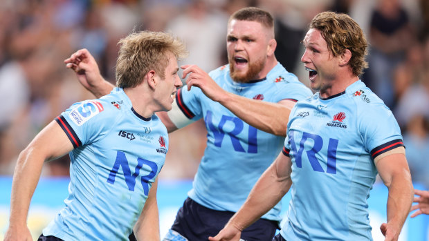 Max Jorgensen (left) celebrates with Waratahs teammates after scoring on debut against the Brumbies, but he joins the side’s long injury list.