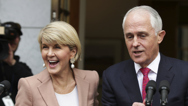 Deputy Liberal leader Julie Bishop and Prime Minister Malcolm Turnbull speak to the media on Tuesday after the challenge.
