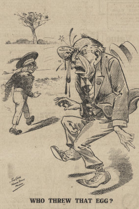 WHO THREW THAT EGG? An anti-Billy Hughes cartoon, published in 1917.
