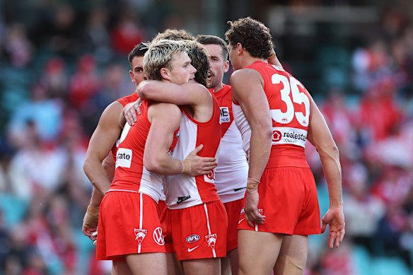 Swans players celebrate at the SCG.