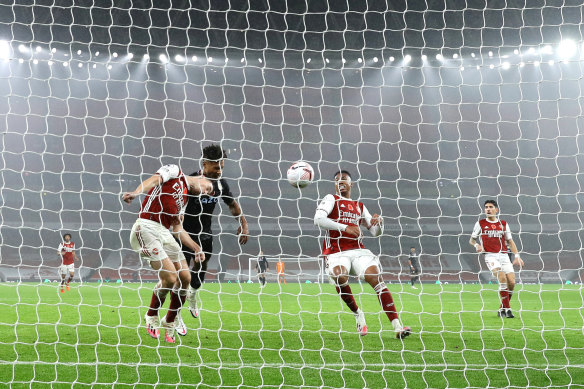 Ollie Watkins scores the first of his goals in Aston Villa's 3-0 win over Arsenal.