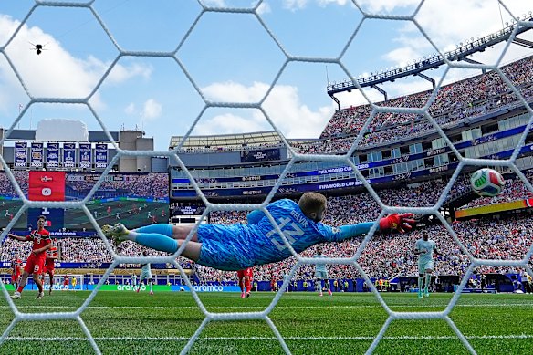 Norway goalkeeper Egil Selvik is beaten by a shot from France’s Ousmane Dembele who scores his side’s second goal.