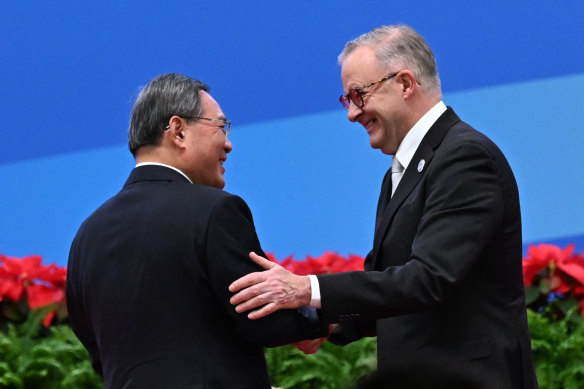 Prime Minister Anthony Albanese and Chinese Premier Li Qiang in November. Albanese is preparing to host Li in a visit in June.