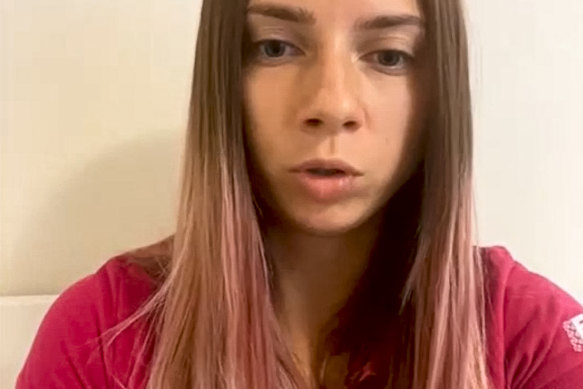 In this photo taken from video, Belarus Olympic sprinter Krystsina Tsimanouskaya speaks during a video interview with the Associated Press in Japan on Tuesday.