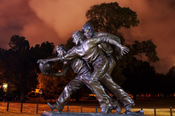 A statue depicting the first game of Australian rules football played between Scotch College and Melbourne Grammar at Yarra Park on August 7, 1858.