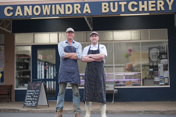 Wal and Max outside their shop. Says Wal: “We were very conscious of the fact there are more butcher’s shops in rural areas closing than opening, but we thought, ‘Ah, bugger it, let’s put in a bid.’”